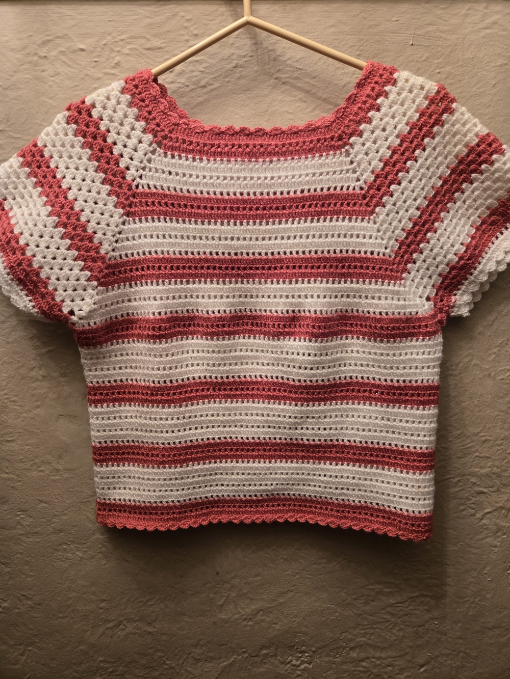Handmade Crochet Top Pink White Striped Boho Cottagecore Knit Sweater Festival L